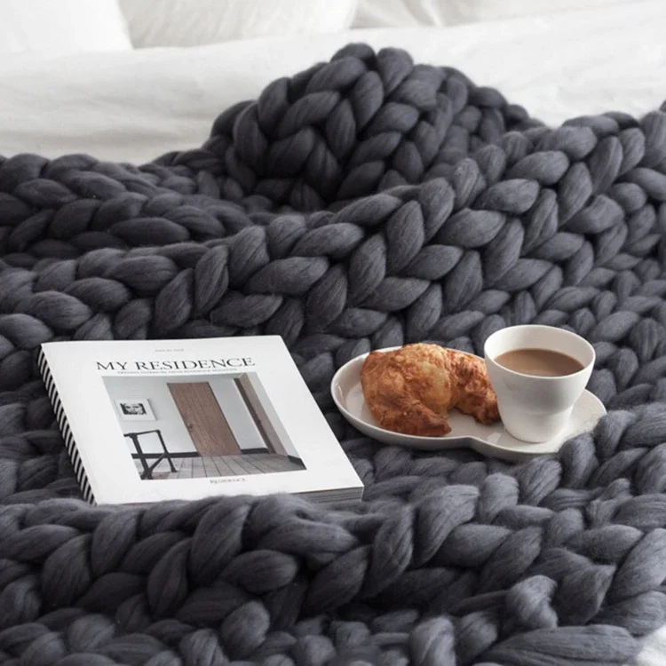 Throw Blanket Chunky Knit - Chunky home Handmade Thick dark grey